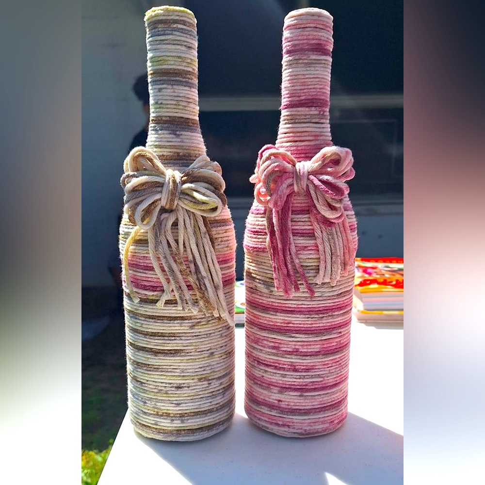 Chardonnay bottles string wrapped home decor